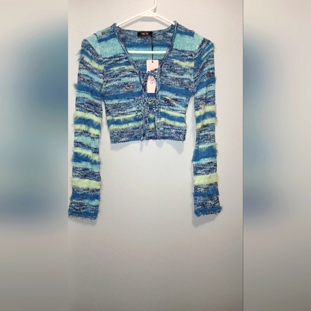 Mica's womens Small cropped open front fuzzy striped sweater Y2k Ombre NWT